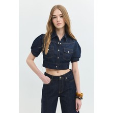 Regular Crop Fit Balon Kol Koyu Indigo Kadın Jean Ceket