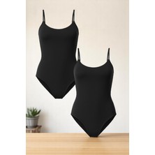 Kadın Pamuklu Likralı Penye Ince Askılı Siyah 2'li Çıtçıtlı Body