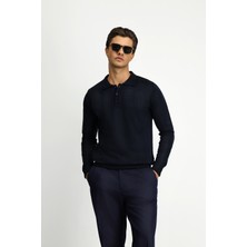 Polo Club Polo Yaka Düğmeli Regular Fit Koyu Lacivert Triko Kazak Erkek