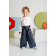 Kız Çocuk Ince Kaşe Pileli Bol Pantolon - Lacivert