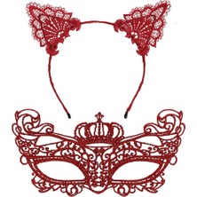 Bfs  Lüks Kırmızı Dantel Taçlı Maske Seti 2 No - Parti, Balo, Kostüm Aksesuarı