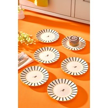 6 Lı Pasta Sunum Tabağı Seti - Lüks Modern Kuş Desenli Çizgili Kek Tatlı Kurabiye Tabak Takımı - 17 cm