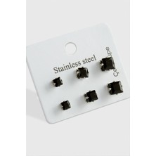 Ds-Derin 6 Adet Kare Zirkon Tek Taşlı Çelik Küpe-Siyah