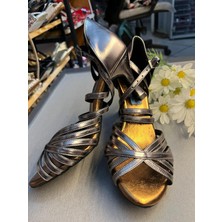 Antrasit Deri 7 Bantlı Latin Salsa Bacata Tango Dans ve Salon Ayakkabısı 7 cm 11 Pont Kadeh Topuk