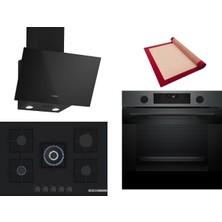 Bosch Siyah 3 Lü Ankastre Set 389 ( HUA736EG0T - PNQ7B6P30O - DWK63PJ60T(61T)  ) 75CM Wok Bek Ocak - Buhar Destekli - Pişirme Matı ile