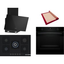 Bosch Siyah 3 Lü Ankastre Set 388 ( HUA736EA0T - PNQ7B6P30O - DWK63PJ60T(61T)  ) 75CM Wok Bek Ocak - Buhar Destekli - Pişirme Matı ile