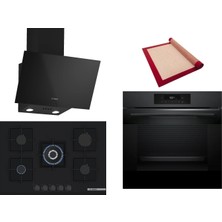 Bosch Siyah 3 Lü Ankastre Set 394 ( HJG852YT0T - PNQ7B6P30O - DWK63PJ60T(61T)  ) 75CM Wok Bek Ocak - 3D Fry Hava ile Kızartma - Pişirme Matı ile