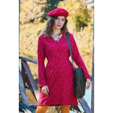 Hakim Yaka Düğme Detaylı Bağlamalı Fuşya Pazen Elbise