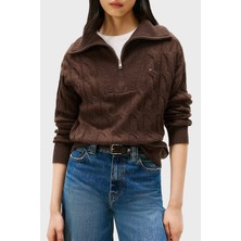 Tommy Hilfiger % 100 Yün Relaxed Fit Yarım Fermuarlı Dik Yaka Örgü Kazak Bayan Kazak WW0WW46425 Gv0