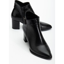 Siyah Kadın Topuklu Bot Kroko Rugan ve Suni Deri Tokalı