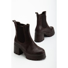 Topuklu Bot Kadın Platform Kahverengi Parçalı Elastik Kalın Taban