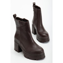 Topuklu Bot Kadın Platform Kahve Yüzüdüz Fermuarlı