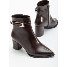 Kahverengi Kadın Topuklu Bot Kırışık Rugan Sivri Kalıp Tan Tokalı