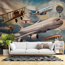 Uçak ve Teyyare Yağlı Boya Çizim Görünümlü Duvar Kağıdı
