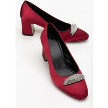 Kadın Siletto Topuklu Ayakkabı Bordo Saten Taşlı Kalın Topuklu