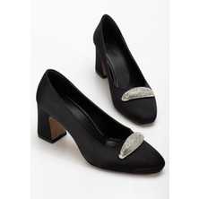 Kadın Siletto Topuklu Ayakkabı Siyah Saten Taşlı Kalın Topuklu