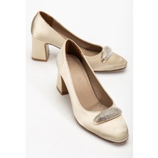 Kadın Siletto Topuklu Ayakkabı Gold Saten Taşlı Kalın Topuklu