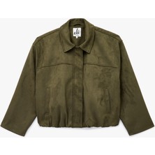 Çıtçıt Düğme Detaylı Fermuarlı Cepli Süet Görünümlü Oversize Bomber Ceket