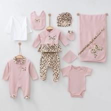 Kız Bebek 0-3 Ay Leopar Desenli Kelebek Nakışlı Hastane Çıkışı Zıbın Seti %100 Pamuk