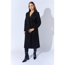 Kadın Siyah Yakalı Kuşaklı Basic Uzun Kaşe Kaban