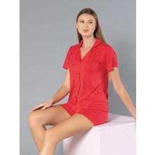 Boydan Düğmeli Kısa Kollu Şort Takım - Yazlık Puan Desenli Yumuşak Milan Kumaş - M, L, Xl, Xxl Poppy 56-04