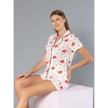 Boydan Düğmeli Kısa Kollu Şort Takım - Yazlık Kalp Desenli Yumuşak Milan Kumaş - M, L, Xl, Xxl Poppy 56-02