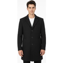 Süvari Slim Fit Erkek Koyun Yünlü Kaban Düz Desenli Siyah Renk Polyester Karışımı