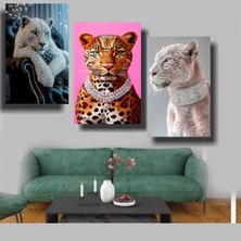 Özkacar Group 3 Lü Pırlanta Kaplanlar Ev Duvar Salon Güzellik Salonu Ofis Dükkan Dekarasyon Kanvas Tablo