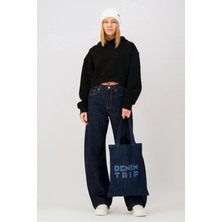 Denim Trip Oversize Fit Nakışlı Siyah Crop Kadın Hoodie / Sweatshirt