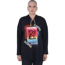Kadın Büyük Beden Siyah Kapüşonlu Sloganlı Sweatshirt