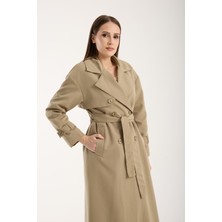 Bolivente Açık Haki Kadın Oversize Trençkot Gömlek Yaka Polyester Malzeme ile Şık Tasarım