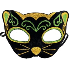 Siyah Kadife Kaplama Üzeri Sarı Yeşil Sim Işlemeli Kedi Maskesi 20X13 cm