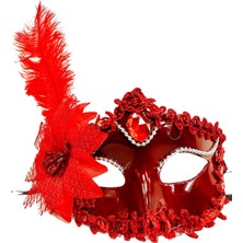 Kırmızı Mat Renk Yandan Tüylü Güllü Parti Balo Venedik Maskesi 16X22