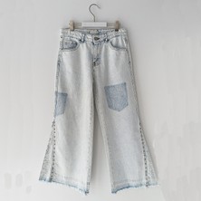 Bol Paça Taş Işlemeli Püsküllü Kız Çocuk Denim Pantolon Buz Mavi Renk Kız Taşlı Pantolon 001-0002094
