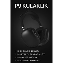 P9 Bluetooth 5.0 Kablosuz Siyah Kulaklık Mikrofonlu Uzun Pil Yüksek Bass Anc