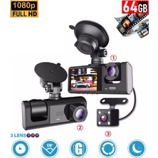 64GB Araç Içi Kamera 3 Kameralı (Yol + Araç Içi+ Arka) Fhd Video Kayıt Mikrofonlu Türkçe Cc-33