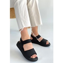 Lastikli Hasır Ortopedik Sandalet Cilt Siyah Topuk Boyu 2 cm