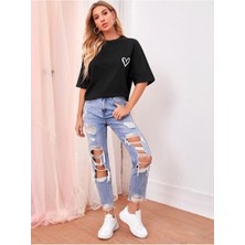 Marecash Minimal Kalp Baskılı Siyah Oversize Tshirt