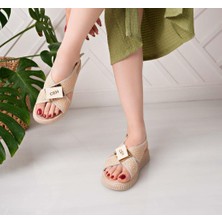 Hasır Kemerli Ortopedik Sandalet Cilt Bej Topuk Boyu 2 cm