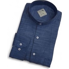 Linen Keten Klasik %100 Cotton Uzun Kollu Terletmeyen Hakim Yaka Mavi Gömlek (Regular Kalıp)