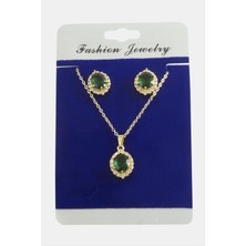 Zengezur Oval Zirkon Taşlı Set Kolye-Yeşil