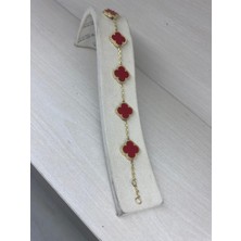 Hng 925 Ayar Gümüş Gold Zincirli Yonca Model Bileklik Bordo Mineli