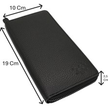 Westpolo Hakiki Deri Fermuarlı Telefon ve Bol Kart Bölmeli, El Bantlı Unisex Portföy Cüzdan - Siyah