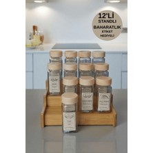 12'li Bambu Standlı Kare Form Cam Baharatlık Seti Takımı Etiket Saklama Kabı Mutfak Düzeni Organizer