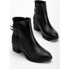 Siyah Kadın Topuklu Bot Hasır Detaylı Suni Deri Tokalı