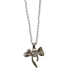 Gümüş Renk Kalp Fiyonk Beyaz Taş Sf Zincir Çelik Kolye - 3652