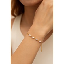 Altın Renk Silindir Inci Zincir Asansör Çelik Bileklik - 3593