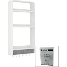 Beyaz Yapışkanlı Duvar Organizeri Plastik 3 RAF=14CM-19CM-30CM - 2 ÇEKMECE=40CM - 6 Askı 19 Parça (4989)