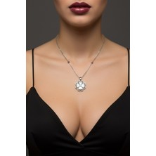 Gümüş Renk Beyaz Taş Van Cleff Yonca Model Top Zincir Çelik Kolye- 3782