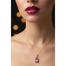 Altın Renk Sıra Taşlı Pembe Damla Model  Sf  Zincir Çelik Kolye - 3746
